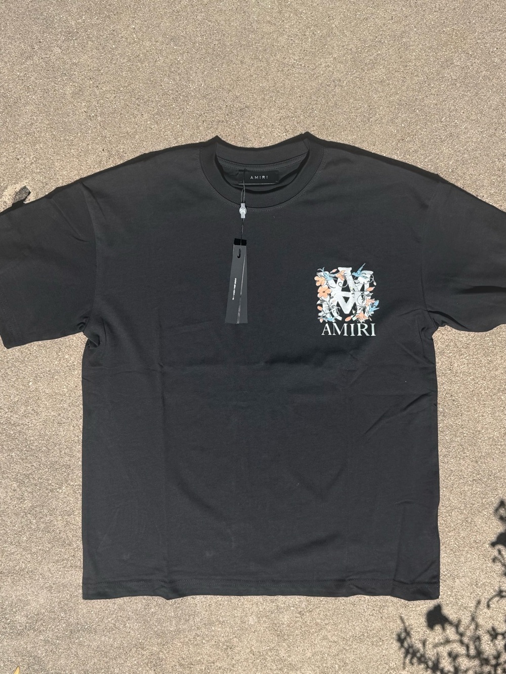 AMIRI Black Tee with Floral Crest Logo